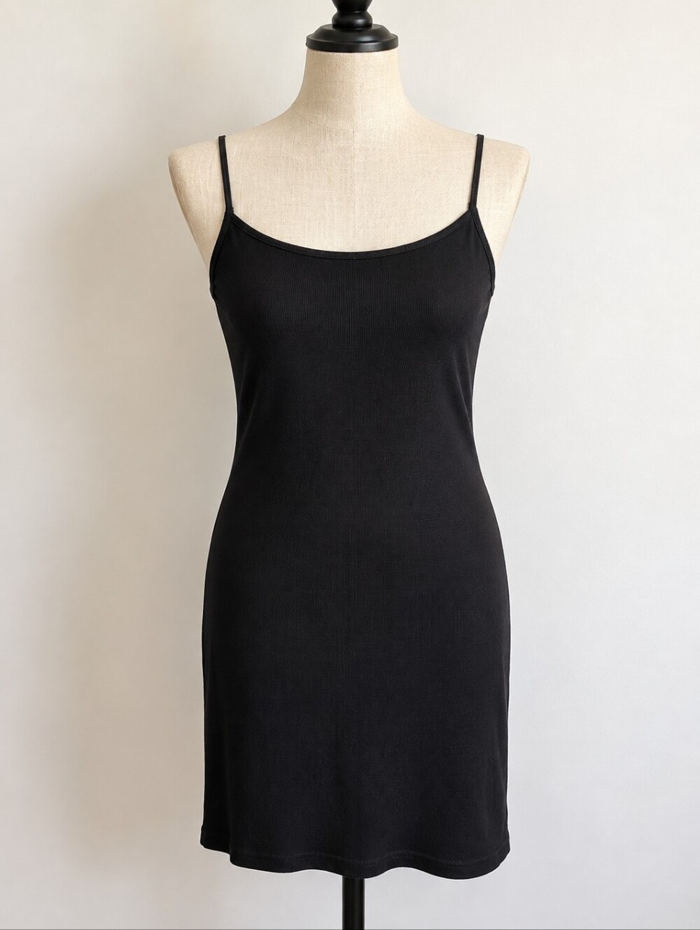 SKIMS Black Ribbed Bodycon Mini Dress with Spaghetti Straps – Size XL - Picture 2 of 4